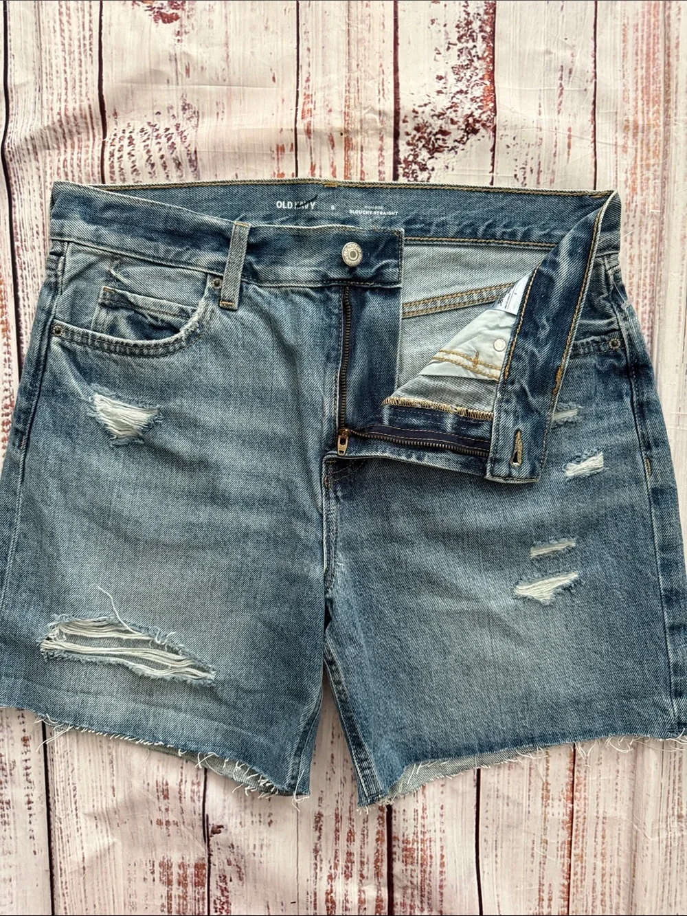 Old Navy High Rise Slouchy Straight Distressed Denim Long Cutoff Shorts 6 NWOT